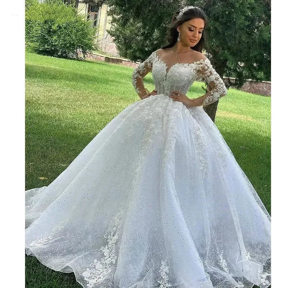 Princess Ball Gown Wedding Dresses 2023 O Neck Long Sleeves Vestido Casamento Lace Up Appliqus Beaded Bride Gowns Suknie Slubne - Image 3