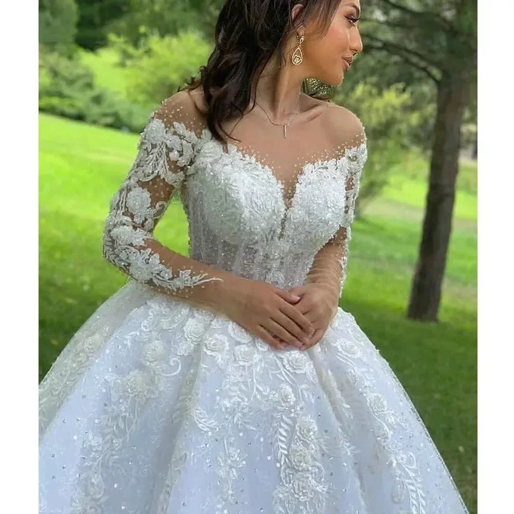 Princess Ball Gown Wedding Dresses 2023 O Neck Long Sleeves Vestido Casamento Lace Up Appliqus Beaded Bride Gowns Suknie Slubne - Image 4