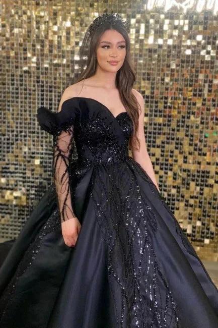 Princess Black Long Sleeve A-line Wedding Dresses With Beads - Image 2