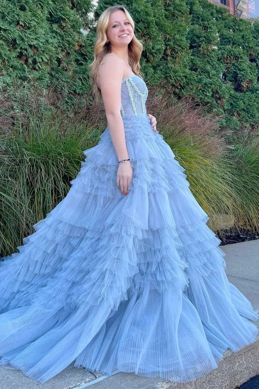 Jazlyn |Princess A-line Strapless Tiered Tulle Prom Dress - Image 2