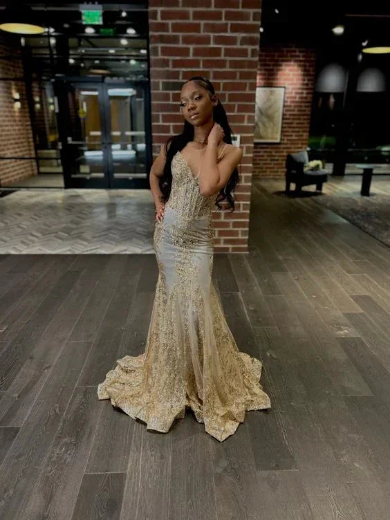 Princess Embroidered Corset Style Gold Mermaid Evening Dress Y5887 - Image 2