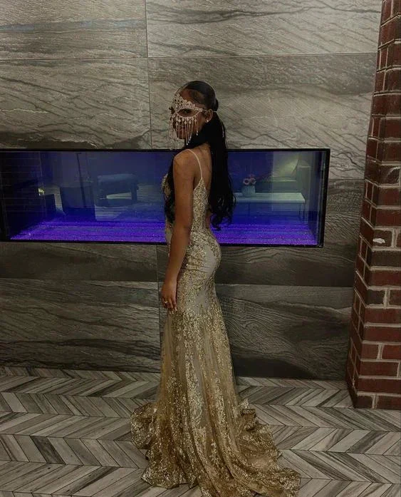 Princess Embroidered Corset Style Gold Mermaid Evening Dress Y5887 - Image 3