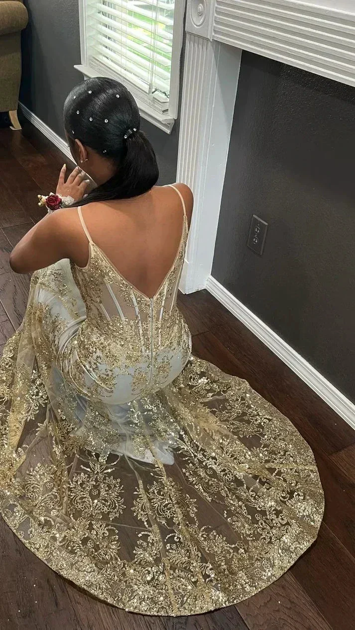 Princess Embroidered Corset Style Gold Mermaid Evening Dress Y5887 - Image 5