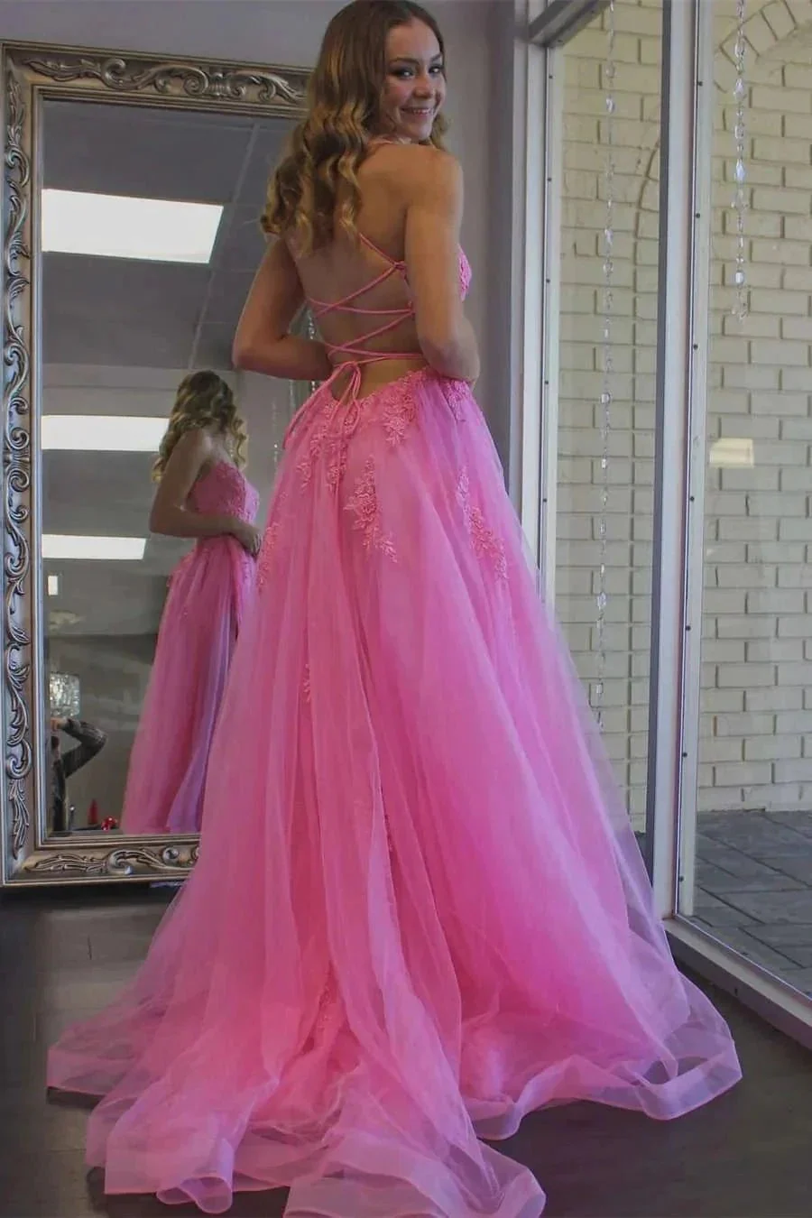 Yellow Prom Dress Appliqued With Slit SYP97 - Image 2