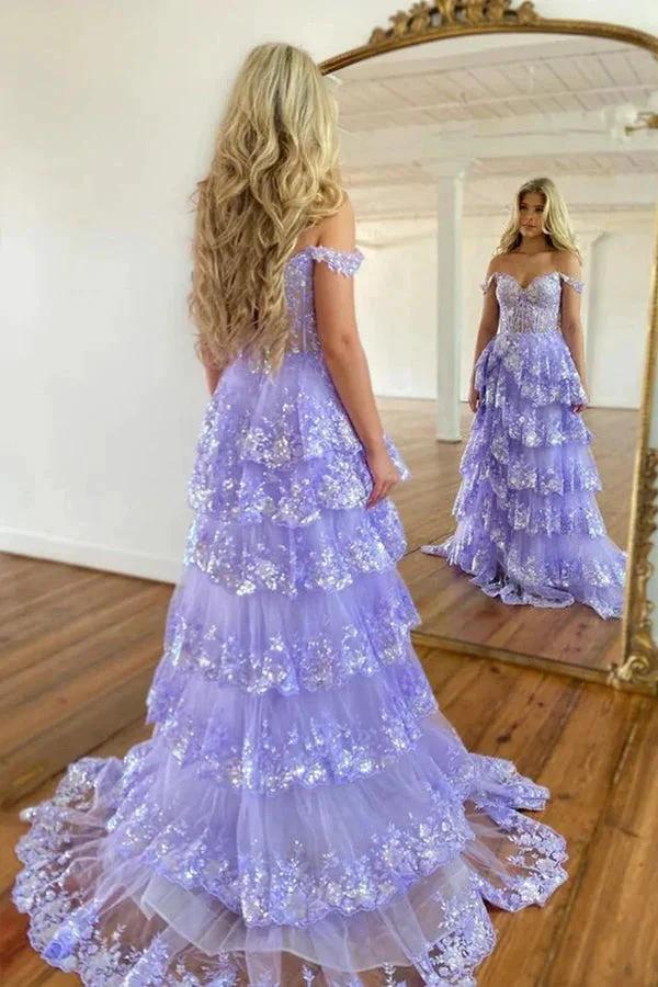 Princess Lace Tiered Stunning Purple Prom Dress With Lace Ruffles PSK517 - Image 3