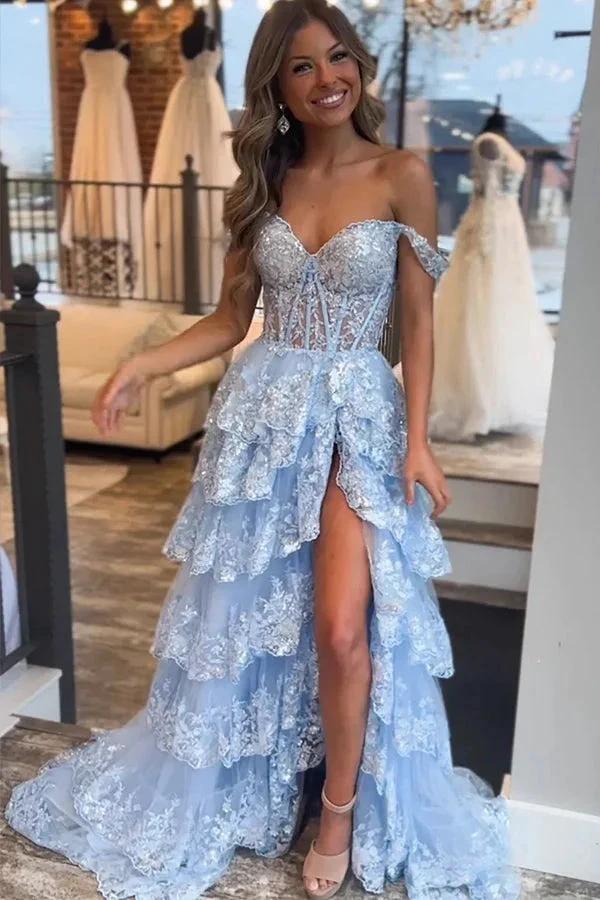 Princess Lace Tiered Stunning Purple Prom Dress With Lace Ruffles PSK517 - Image 4