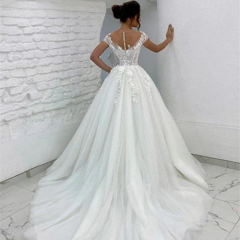 Princess Lace Tulle A Line Wedding Dress Sweetheart Cap Sleeve 3D Appliques Boho Bridal Gowns For Woman Button Vestidos De Novia - Image 2