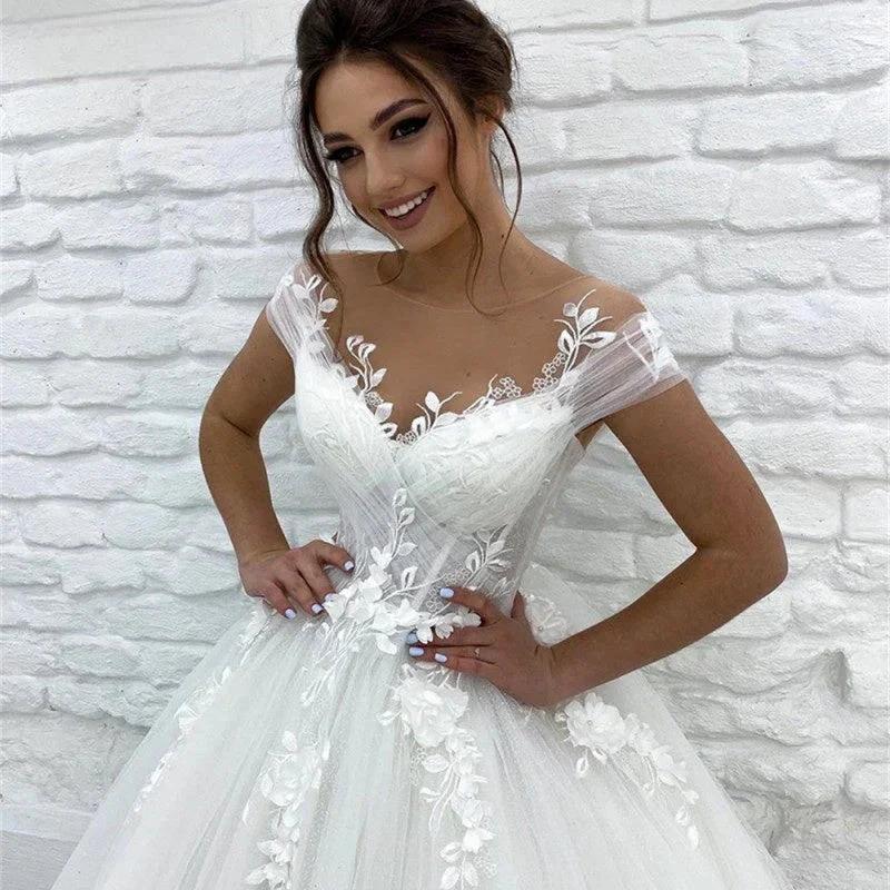 Princess Lace Tulle A Line Wedding Dress Sweetheart Cap Sleeve 3D Appliques Boho Bridal Gowns For Woman Button Vestidos De Novia - Image 3