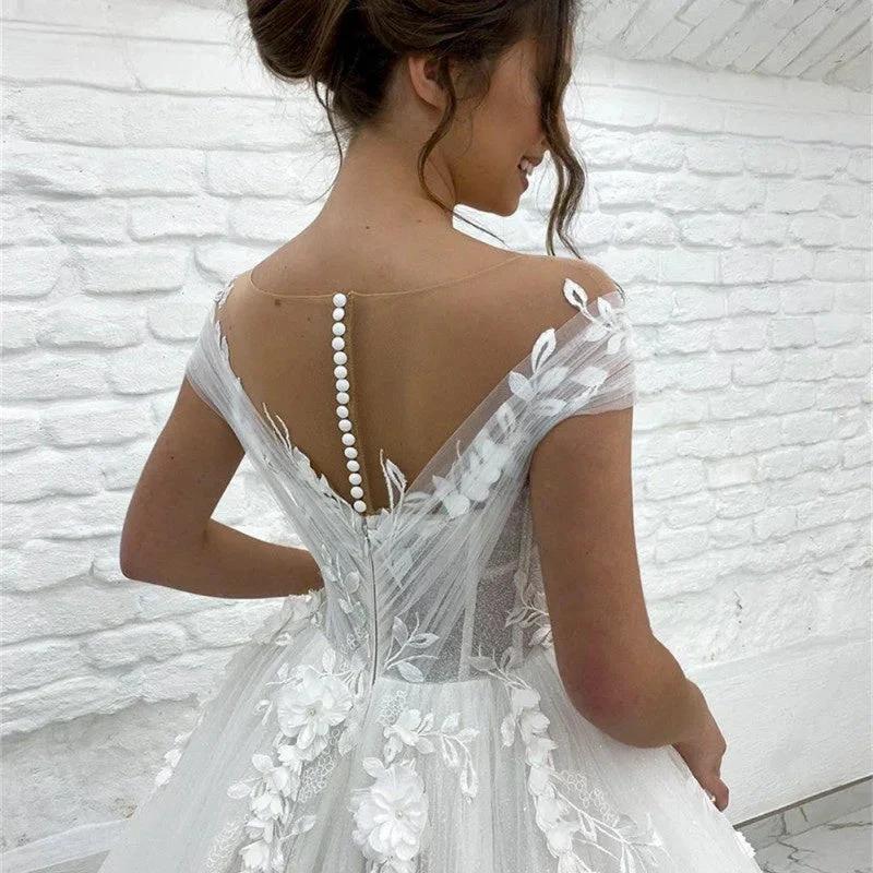 Princess Lace Tulle A Line Wedding Dress Sweetheart Cap Sleeve 3D Appliques Boho Bridal Gowns For Woman Button Vestidos De Novia - Image 4