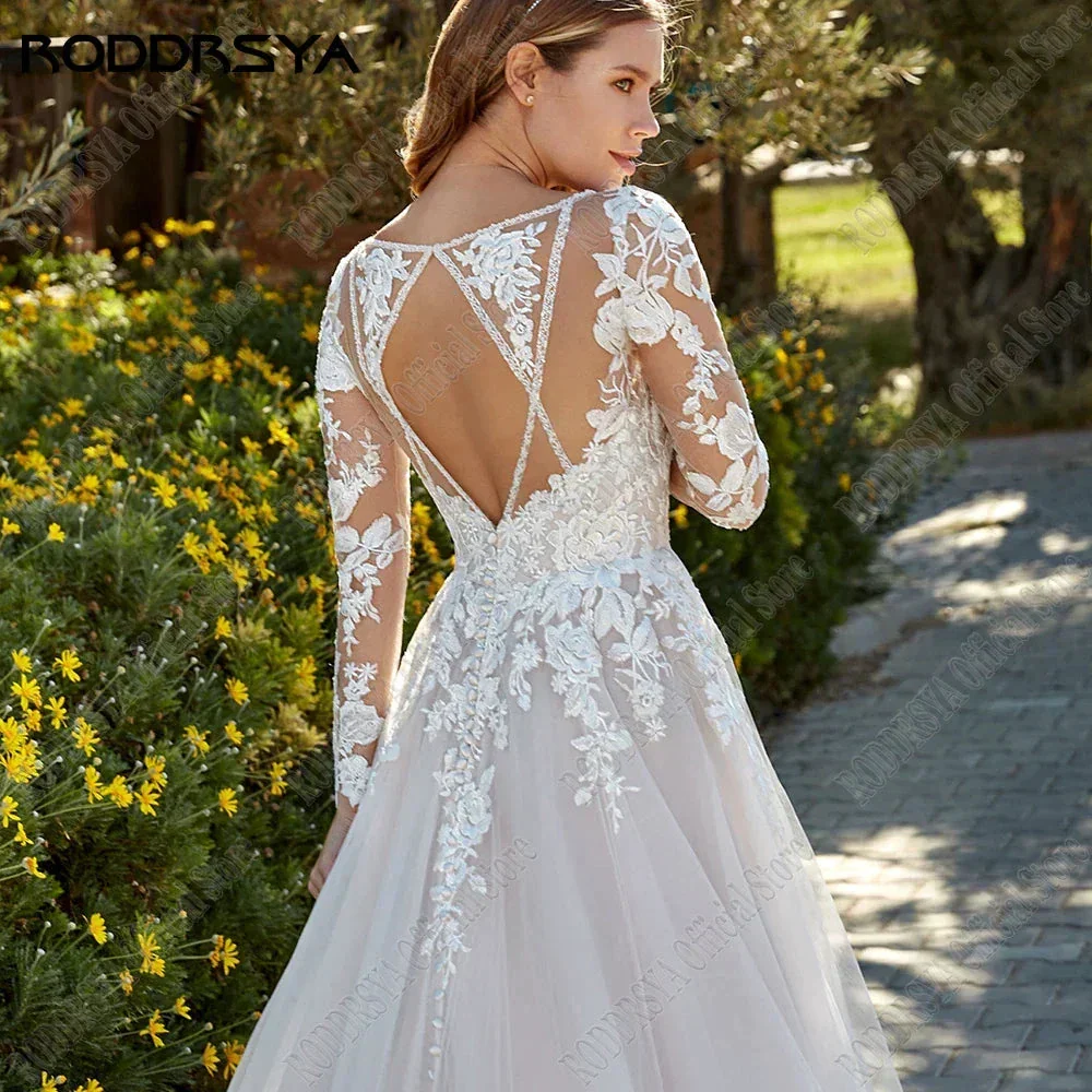 Princess Light Champagne Wedding Dresses Long Sleeves Backless A-Line Bride Gowns Applique Tulle vestidos de novia - Image 2