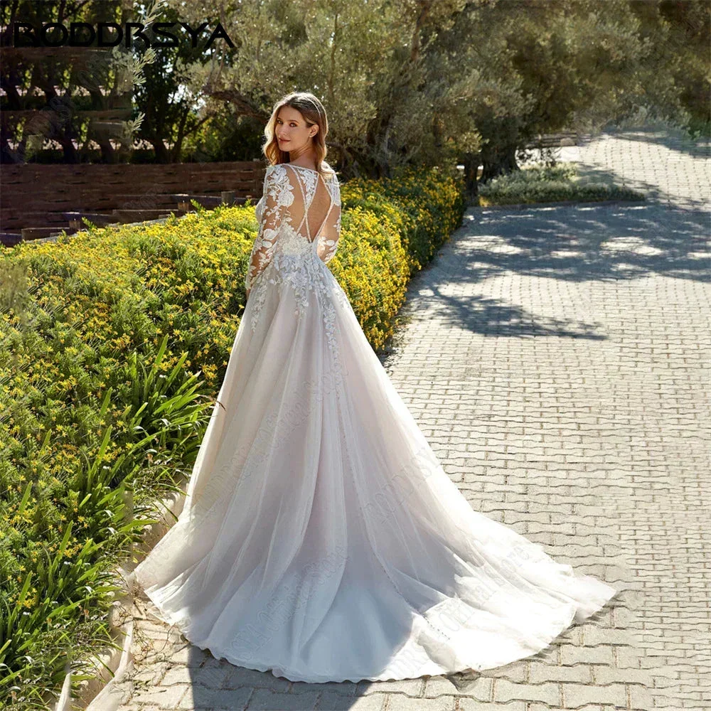 Princess Light Champagne Wedding Dresses Long Sleeves Backless A-Line Bride Gowns Applique Tulle vestidos de novia - Image 3