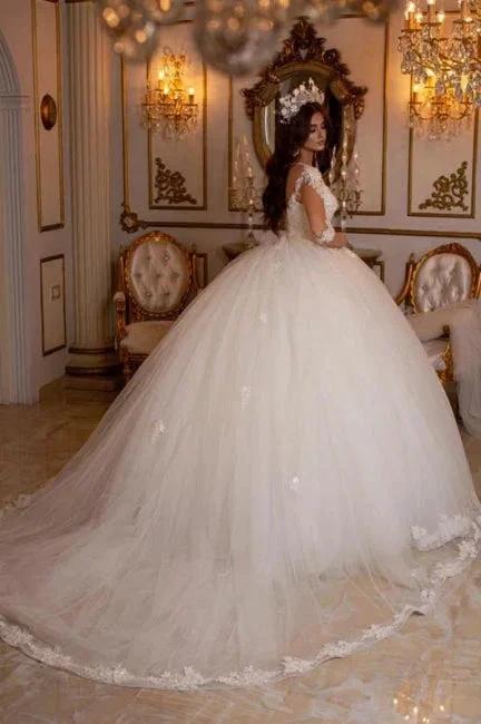Princess Long A-line V-neck Lace Wedding Dresses With Long Sleeves - Image 2
