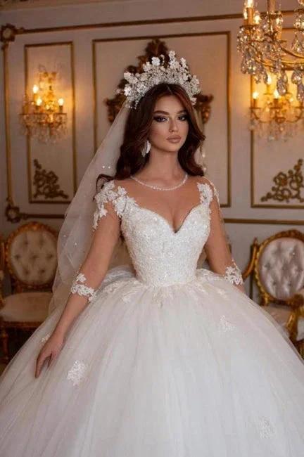 Princess Long A-line V-neck Lace Wedding Dresses With Long Sleeves - Image 3