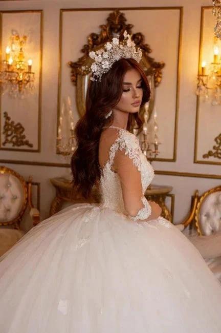 Princess Long A-line V-neck Lace Wedding Dresses With Long Sleeves - Image 4