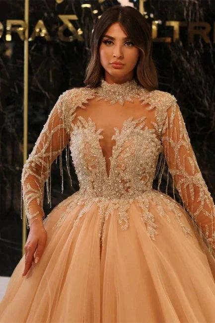 Princess Long Gold High Neck A-line Beading Evening Dresses With Long Sleeves - Image 2