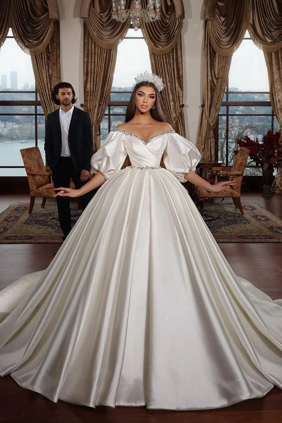 Princess Long Ivory A-line V-neck Jewel Wedding Dress With Long Sleeves