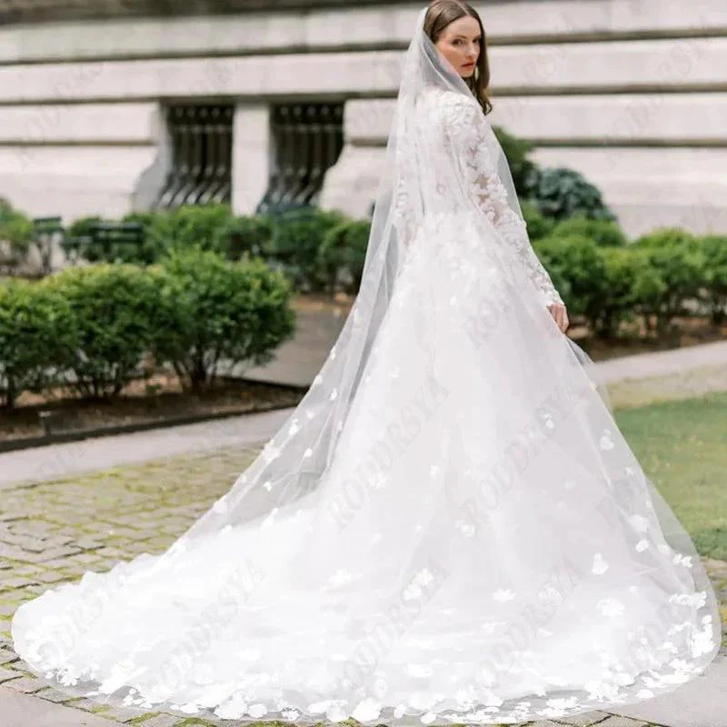 Princess Long Sleeve Wedding Dress For Women Romantic Lace High Neck Bride Party Gorgeous Applique Boho Bridal Gown - Image 2