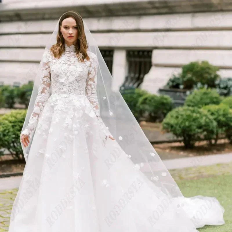 Princess Long Sleeve Wedding Dress For Women Romantic Lace High Neck Bride Party Gorgeous Applique Boho Bridal Gown - Image 3
