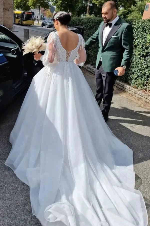 Princess Long V-neck A-line Lace Wedding Dresses With Long Sleeves - Image 2