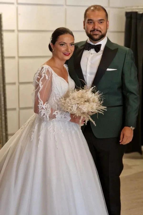 Princess Long V-neck A-line Lace Wedding Dresses With Long Sleeves - Image 3