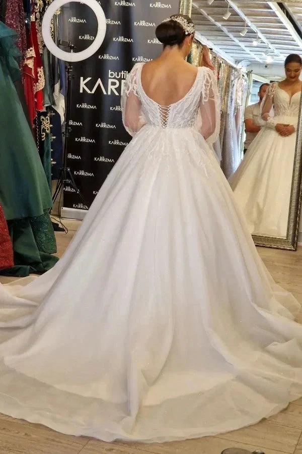 Princess Long V-neck A-line Lace Wedding Dresses With Long Sleeves - Image 4