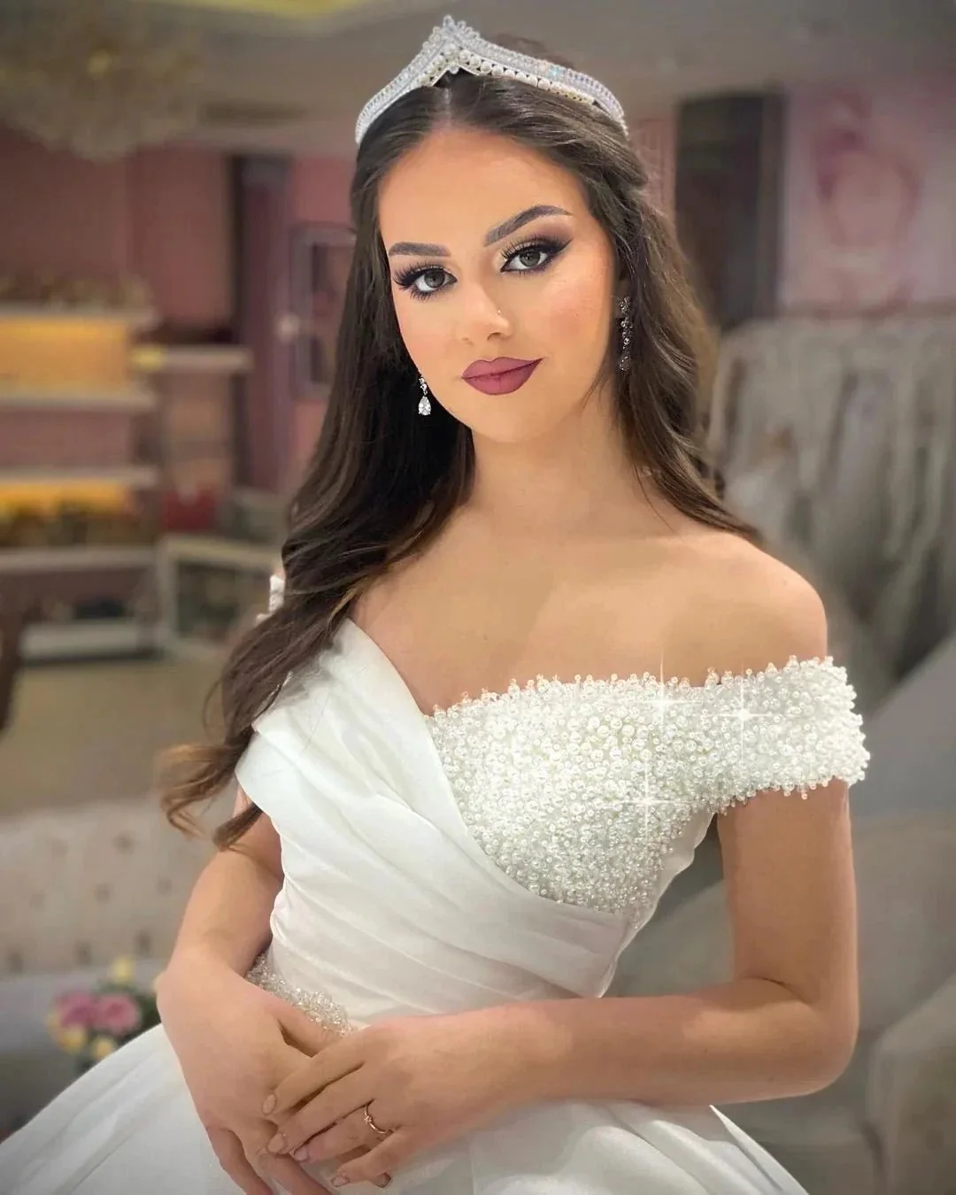 Princess Long White A-line Off-the-shoulder Wedding Dress With Pearls - Image 2