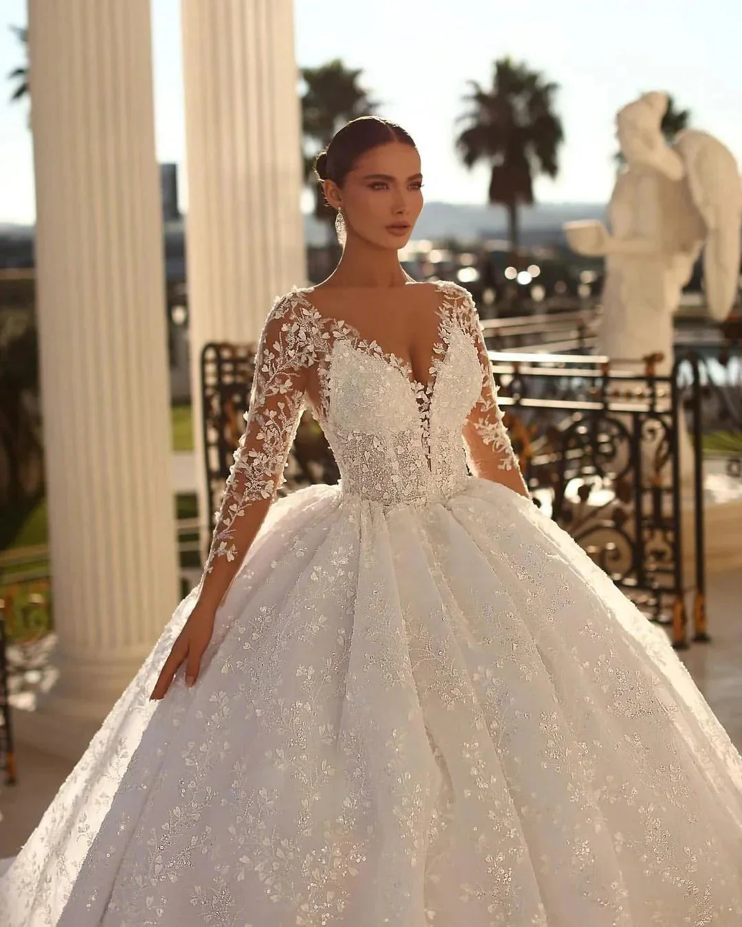 Princess Long White A-line V-neck Lace Wedding Dress With Long Sleeves - Image 3