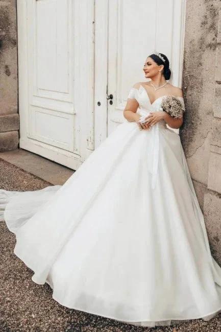 Princess Long White Off-the-shoulder A-line V-neck Organza Satin Wedding Dress - Image 2