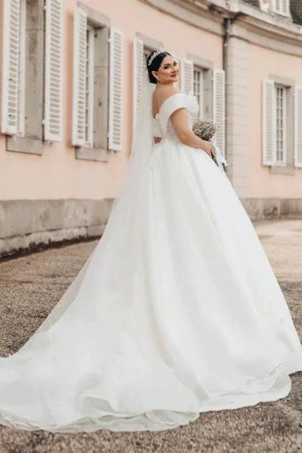 Princess Long White Off-the-shoulder A-line V-neck Organza Satin Wedding Dress - Image 3