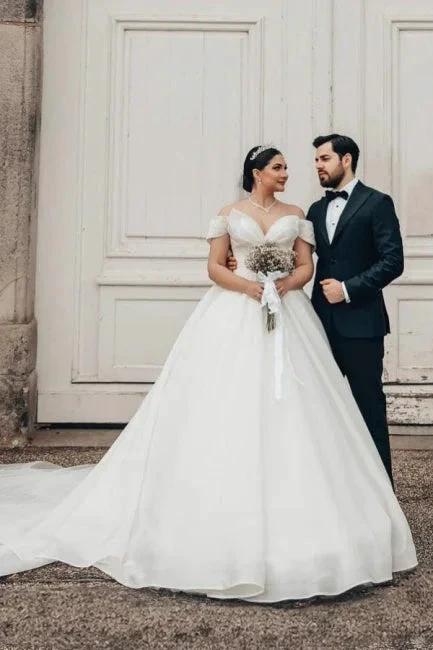 Princess Long White Off-the-shoulder A-line V-neck Organza Satin Wedding Dress - Image 6