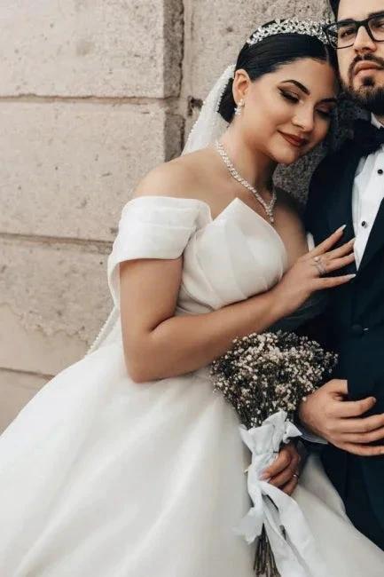 Princess Long White Off-the-shoulder A-line V-neck Organza Satin Wedding Dress - Image 7