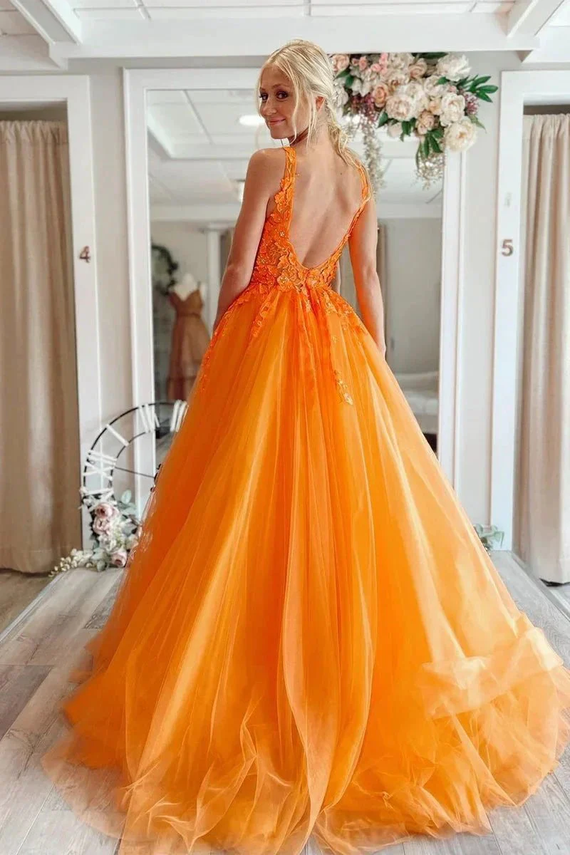 Marigold |A-Line V-Neck Long Tulle Prom Dress with Appliques - Image 2