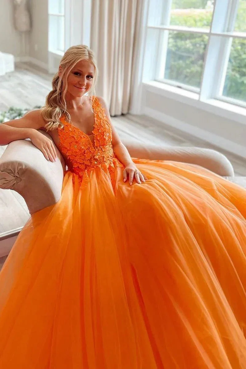 Marigold |A-Line V-Neck Long Tulle Prom Dress with Appliques - Image 3