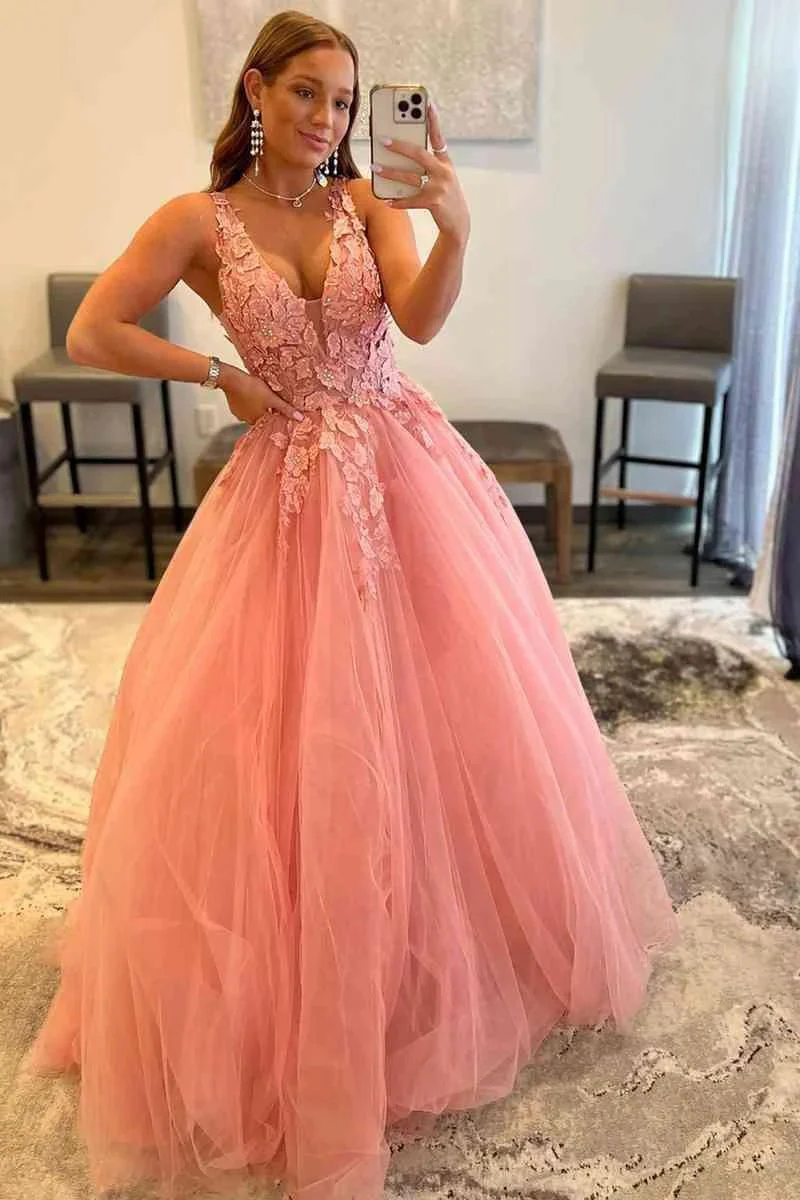 Marigold |A-Line V-Neck Long Tulle Prom Dress with Appliques - Image 4