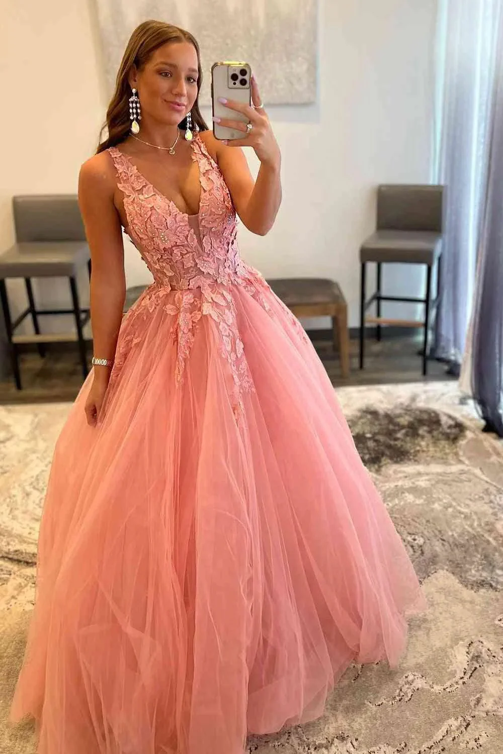 Marigold |A-Line V-Neck Long Tulle Prom Dress with Appliques - Image 5