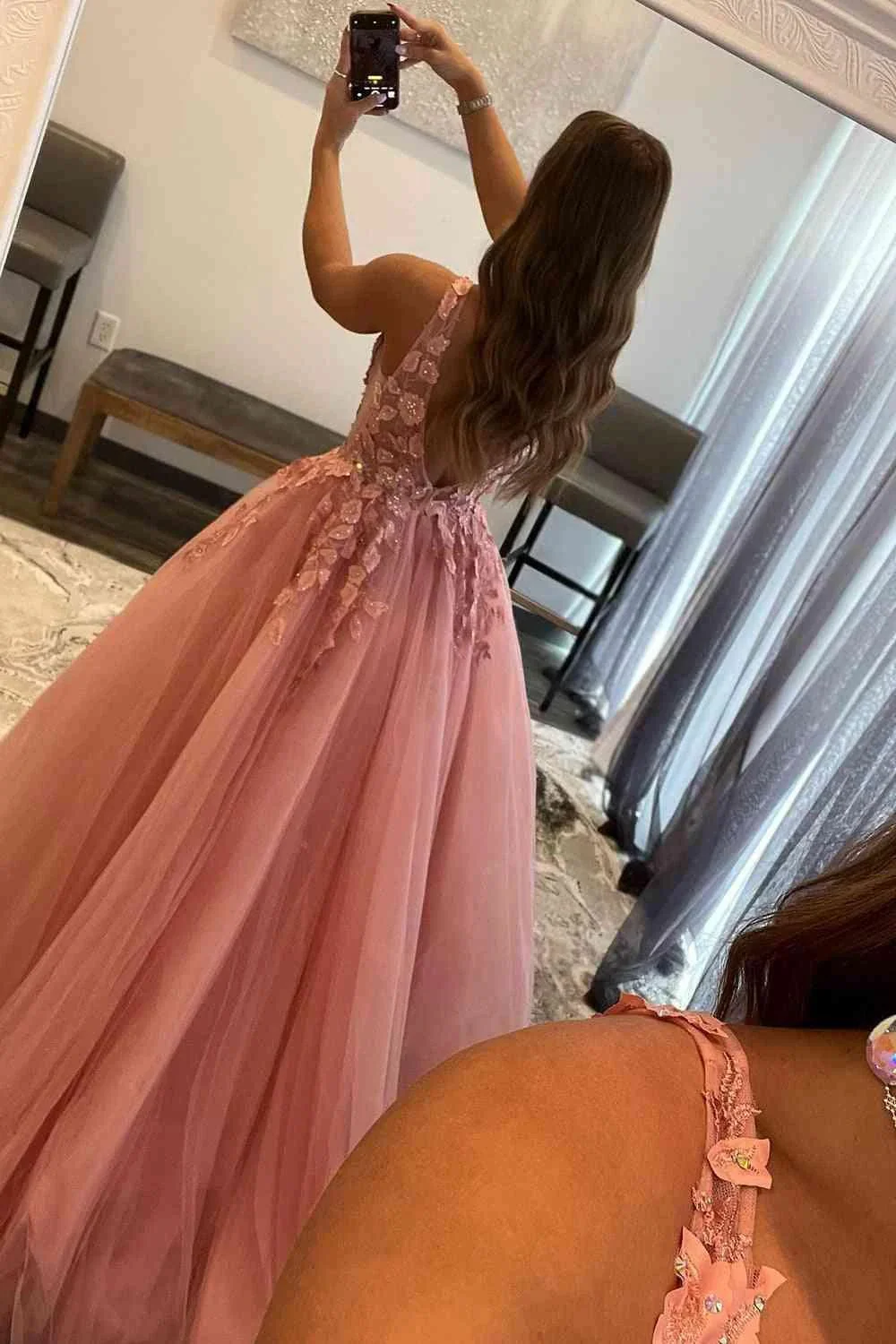 Marigold |A-Line V-Neck Long Tulle Prom Dress with Appliques - Image 7