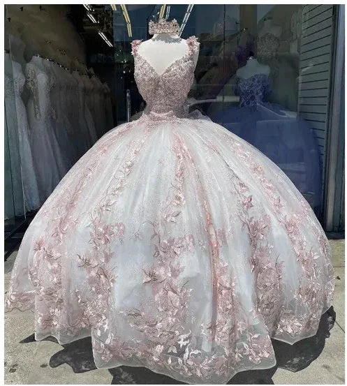 Princess Quinceanera Dress Ball Gown Flowers Appliques Pink White Sweet 16 Party Dress Y6301 - Image 2