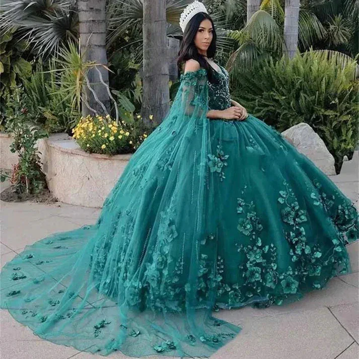 Princess Quinceanera Dress Off Shoulder Sweetheart Beading With 3D Flowers Ball Gown Cloak Tulle Robe De Soirée Y4334 - Image 2