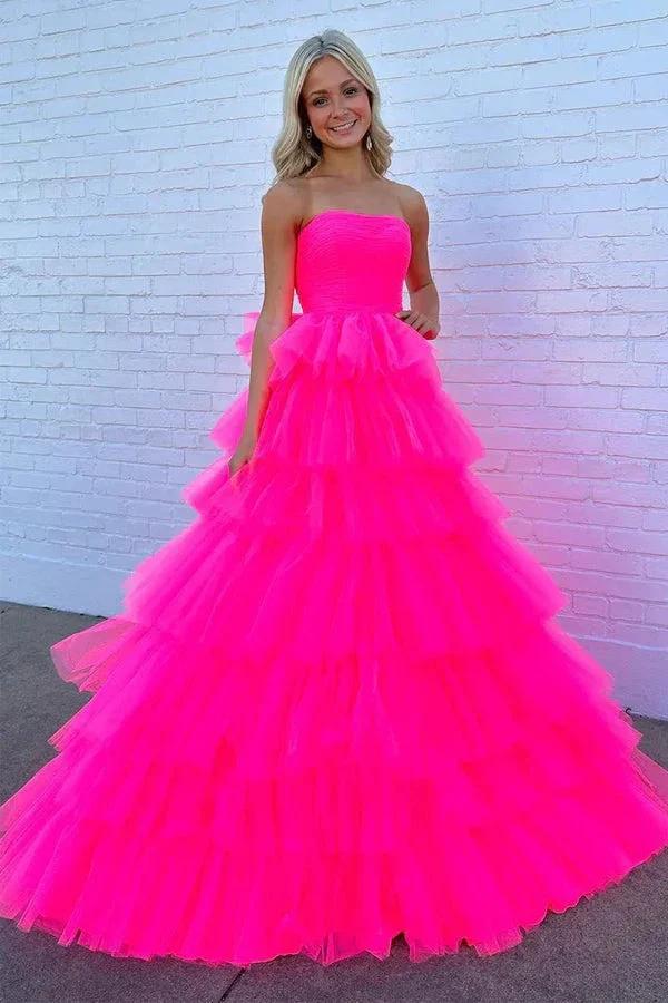 Princess Strapless Tiered Tulle Hot Pink Long Prom Dress PSK603 - Image 2