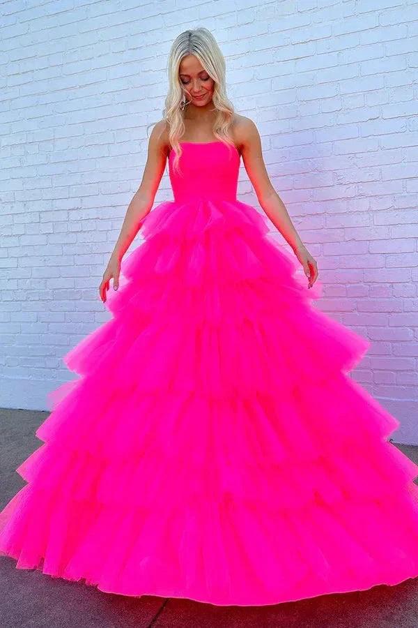 Princess Strapless Tiered Tulle Hot Pink Long Prom Dress PSK603 - Image 3