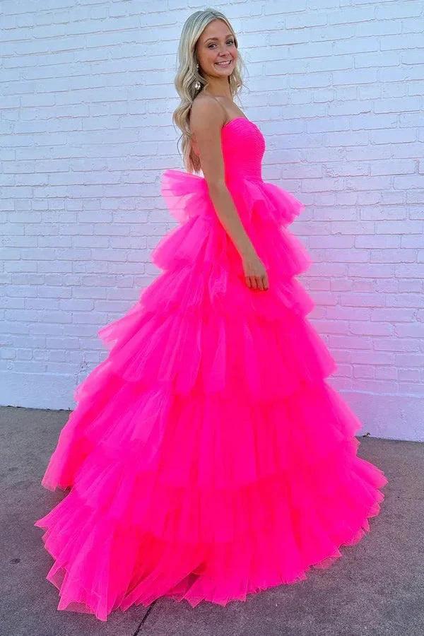 Princess Strapless Tiered Tulle Hot Pink Long Prom Dress PSK603 - Image 4