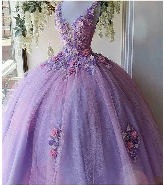 Princess Tulle Long Prom Dress with Flower,Ball Gowns Quinceanera Dresses Y4372 - Image 2