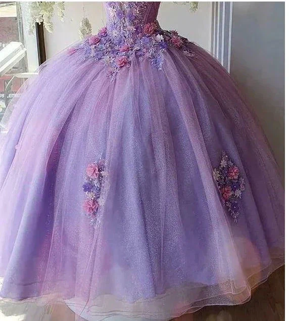 Princess Tulle Long Prom Dress with Flower,Ball Gowns Quinceanera Dresses Y4372 - Image 3