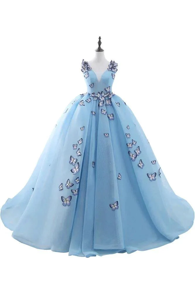 Princess V Neck Chapel Train Chiffon Sky Blue Prom Dresses With Butterfly Applique - Image 2
