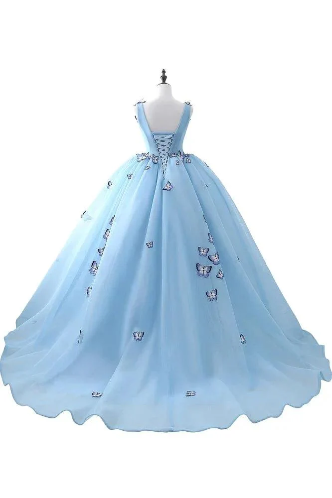 Princess V Neck Chapel Train Chiffon Sky Blue Prom Dresses With Butterfly Applique - Image 3