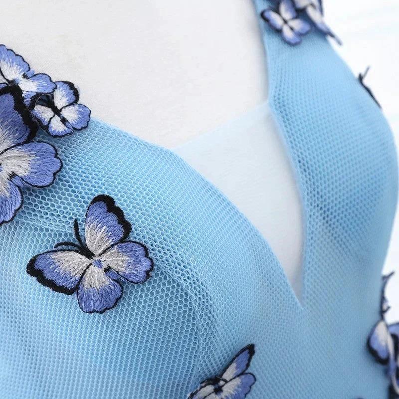 Princess V Neck Chapel Train Chiffon Sky Blue Prom Dresses With Butterfly Applique - Image 4