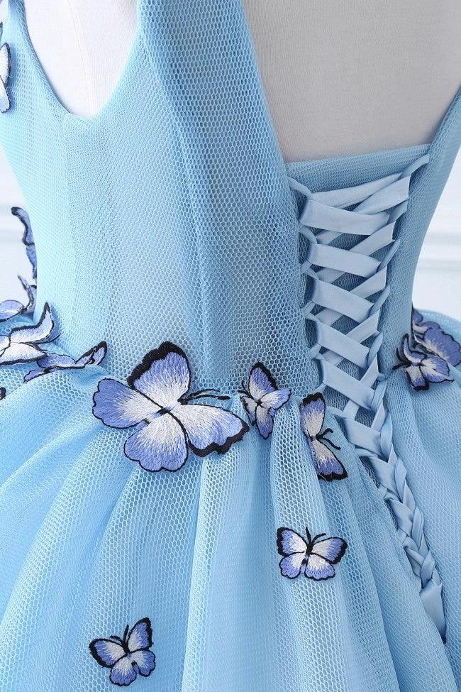 Princess V Neck Chapel Train Chiffon Sky Blue Prom Dresses With Butterfly Applique - Image 5
