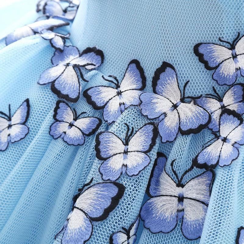 Princess V Neck Chapel Train Chiffon Sky Blue Prom Dresses With Butterfly Applique - Image 6