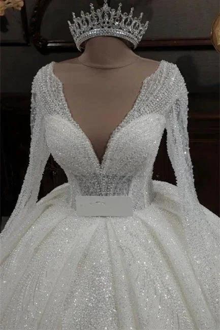 Princess V-neck Glitter A-line Wedding Dresses With Sleeves - Image 2