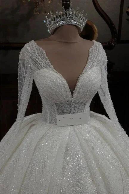 Princess V-neck Glitter A-line Wedding Dresses With Sleeves - Image 3
